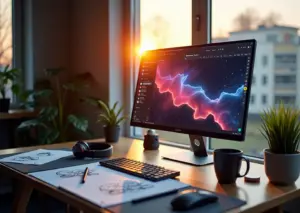 Современное рабочее место с компьютером, на экране которого открыт портфолио дизайнера на Behance, окружённое эскизами и цифровыми инструментами, символизирующее удалённую работу IT-фрилансера в России