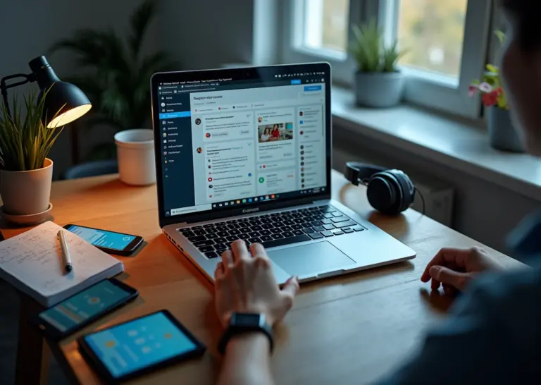 Рабочее место IT-фрилансера с открытым Telegram и социальными сетями на экране