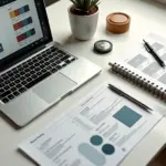 Рабочее место дизайнера‑фрилансера: ноутбук с макетами логотипа и сайта, палитра, договор и калькулятор.