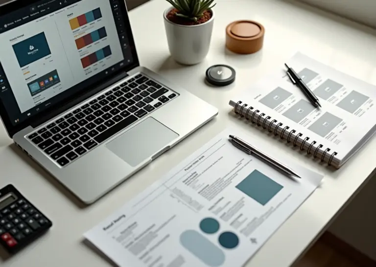 Рабочее место дизайнера‑фрилансера: ноутбук с макетами логотипа и сайта, палитра, договор и калькулятор.