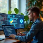 Фотография российского фрилансера за рабочим столом с кодом, дашбордом и иконками облака, AI и безопасности, символизирующая востребованные IT‑профессии для удалённой работы