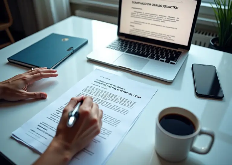 Рабочий стол фрилансера: ноутбук с текстом договора на экране, печатный договор с выделенными пунктами, ручка и подтверждение оплаты на смартфоне