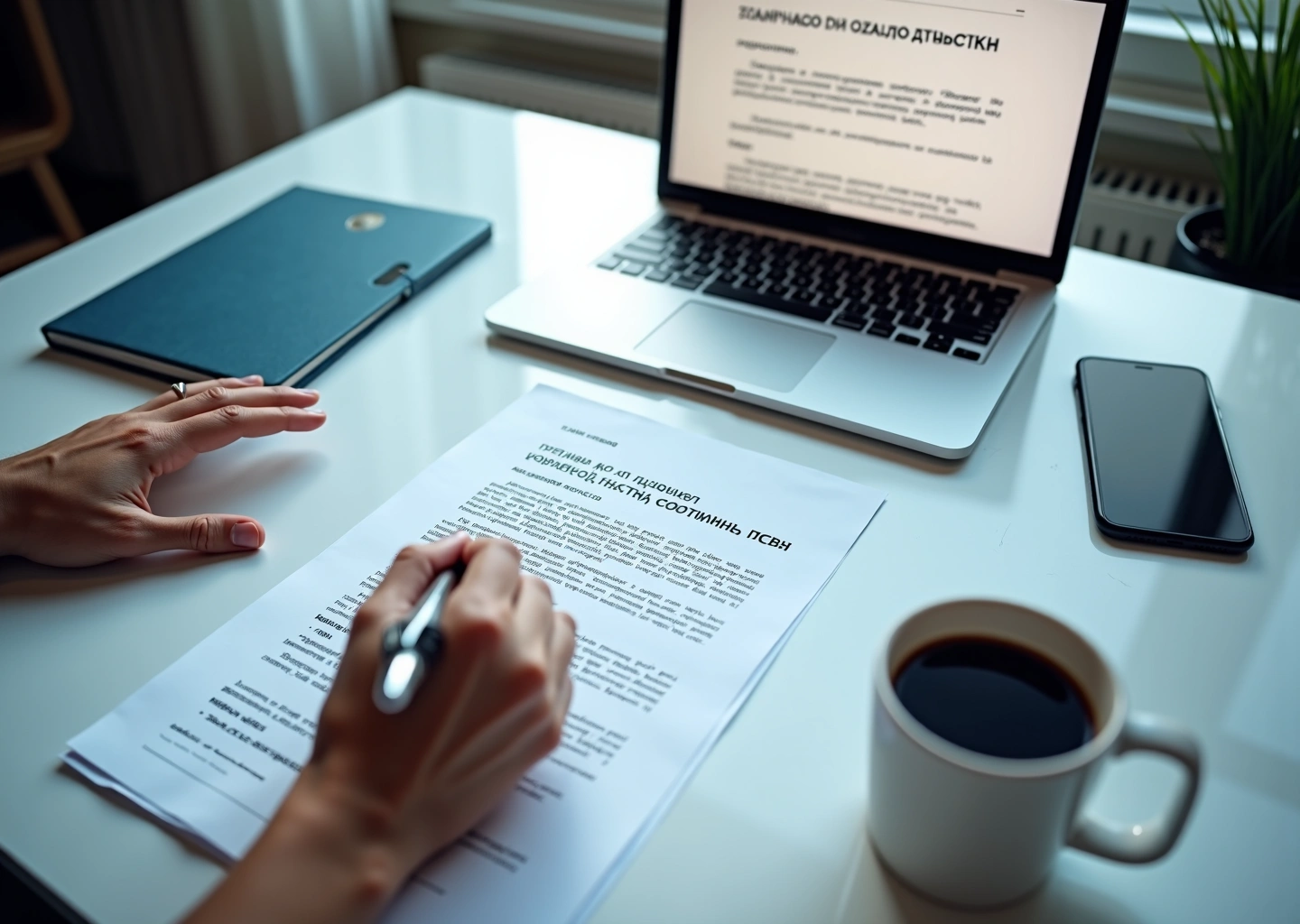 Рабочий стол фрилансера: ноутбук с текстом договора на экране, печатный договор с выделенными пунктами, ручка и подтверждение оплаты на смартфоне