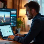 Российский IT‑фрилансер за ноутбуком во время видеозвонка с зарубежными клиентами, на столе контракт и счёт, на экране календарь и инструменты для согласования времени