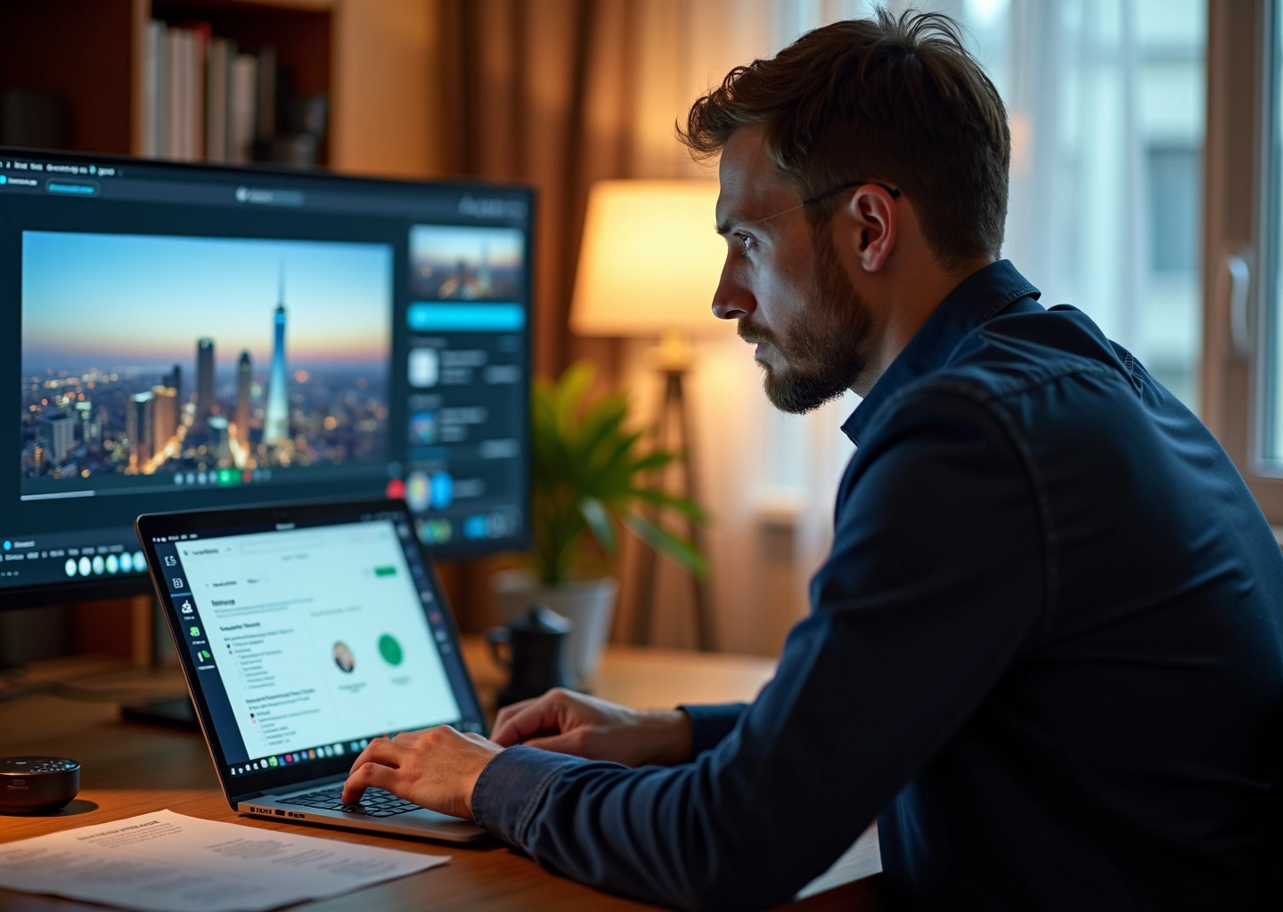 Российский IT‑фрилансер за ноутбуком во время видеозвонка с зарубежными клиентами, на столе контракт и счёт, на экране календарь и инструменты для согласования времени