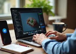 Фрилансер за ноутбуком с открытыми экранами Tilda и WordPress, смартфон с Telegram и блокнот на столе