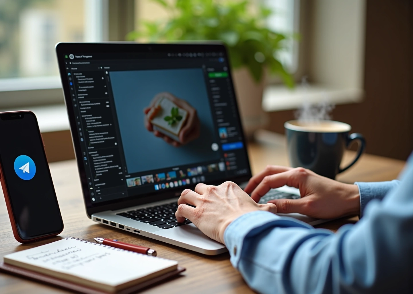 Фрилансер за ноутбуком с открытыми экранами Tilda и WordPress, смартфон с Telegram и блокнот на столе
