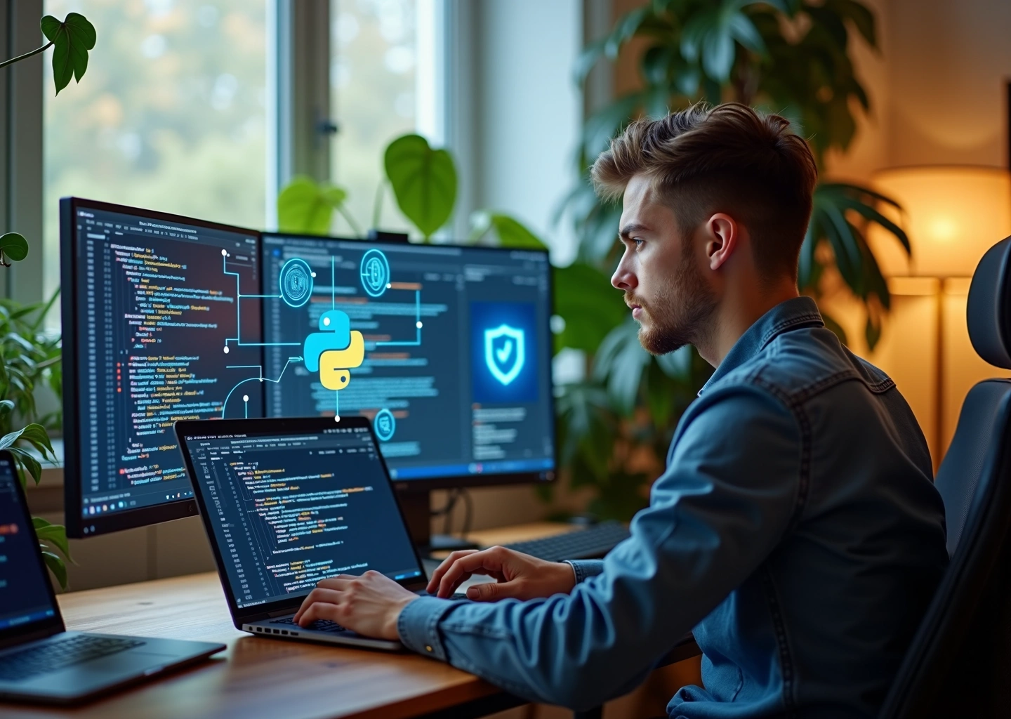 Фотография российского фрилансера за рабочим столом с кодом, дашбордом и иконками облака, AI и безопасности, символизирующая востребованные IT‑профессии для удалённой работы